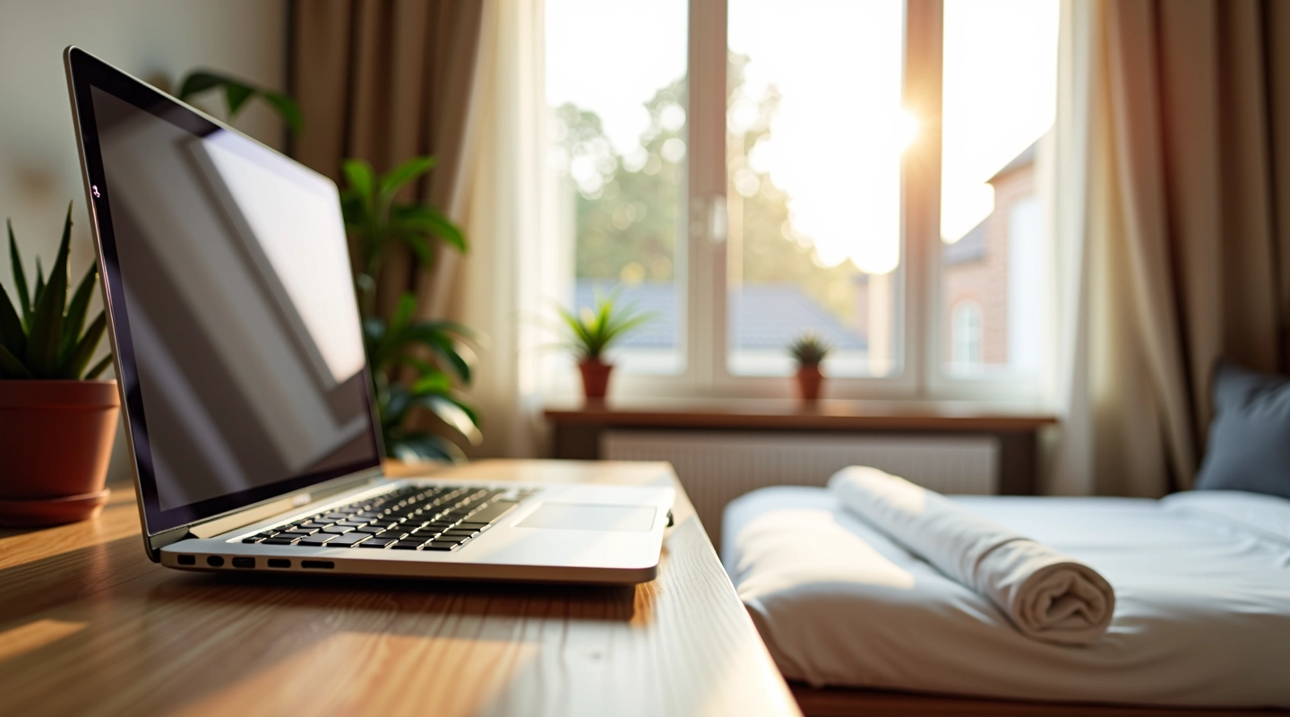 Moderne studentenkamer met bureau, bed en groot raam met natuurlijk licht