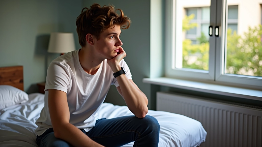 Student zit gefrustreerd op bed in een slaapkamer met slecht licht en beperkte ruimte