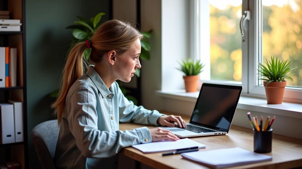 Student zit aan bureau met laptop en papieren, werkt aan huiswerk, studentenkamer, natuurlijk licht van raam