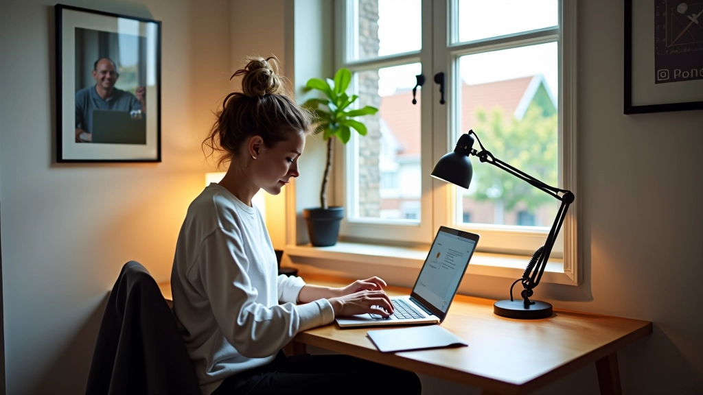 Student werkt aan bureau met laptop in kleine maar goed ingerichte kamer
